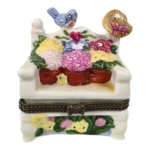 Garden Bench Hinged  Trinket Box Ceramic with Bird & Flowers Collectible Decor